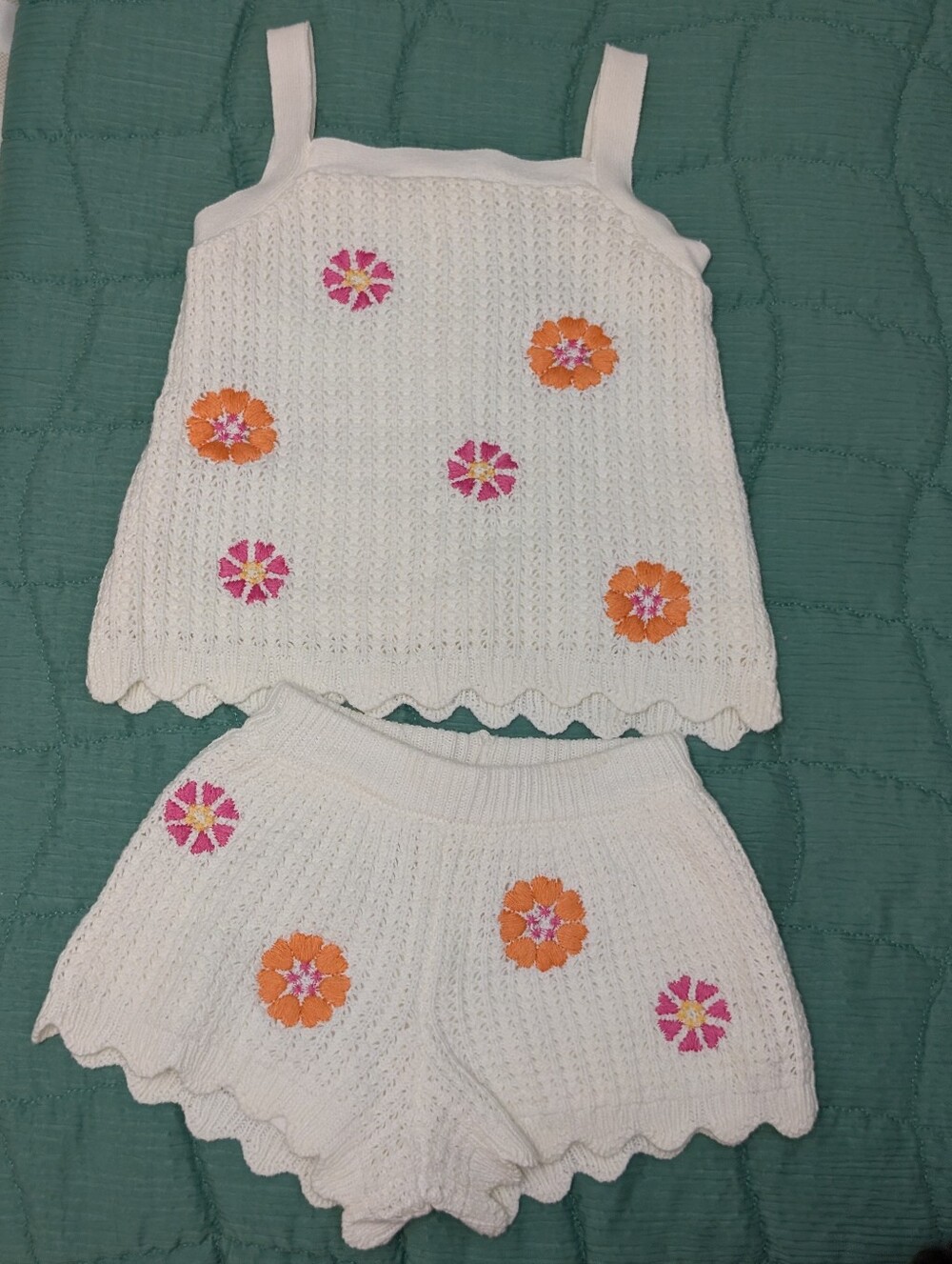 Girls White Crochet Tank Top & Shorts Set with Pink and Orange Floral Embroidery